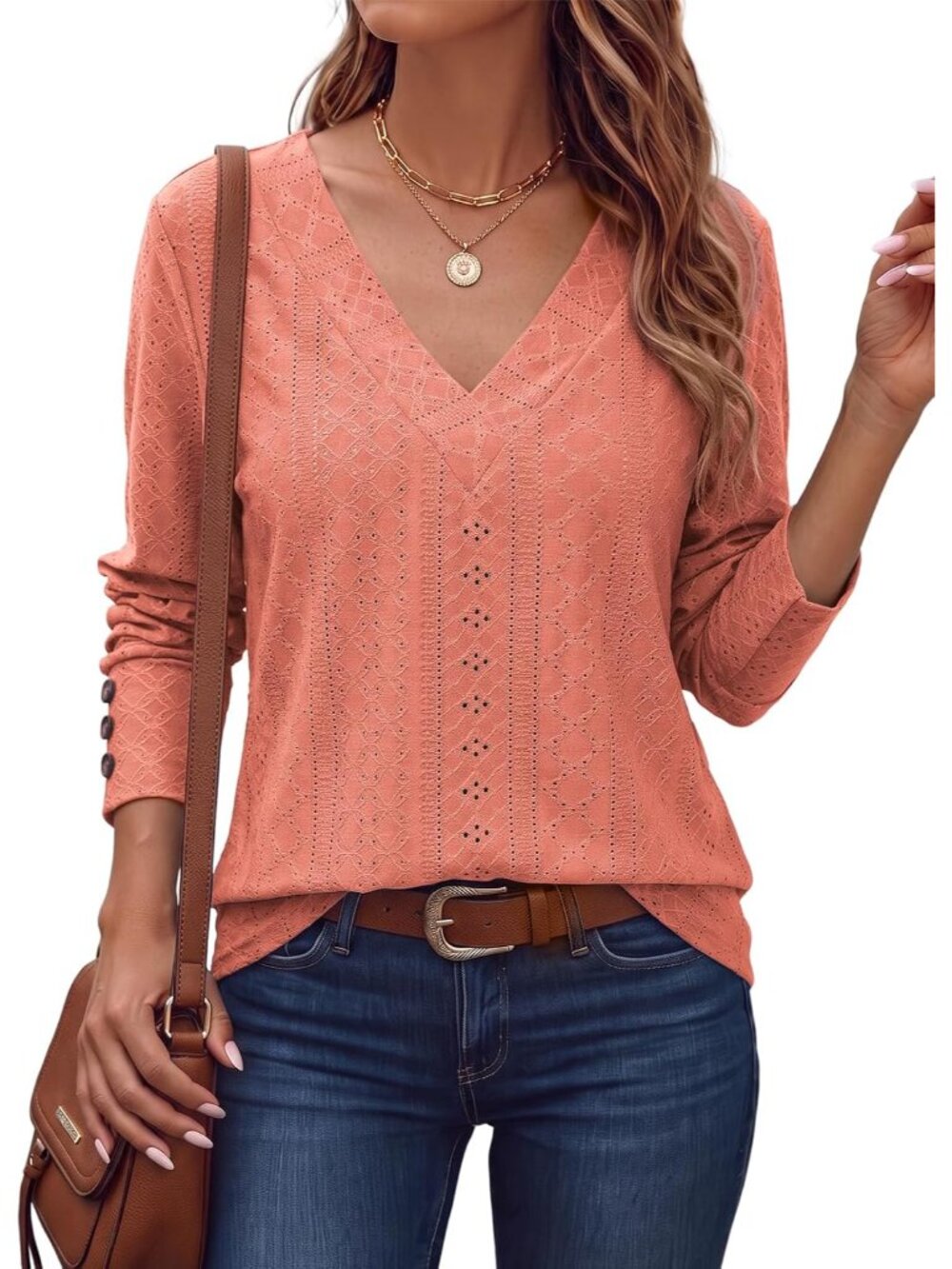 Womens Fall V Neck Long Sleeve Eyelet Embroidered Blouse